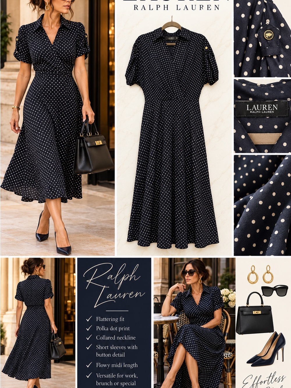 3389 Lauren Ralph Lauren Navy Polka Dot Midi Dress